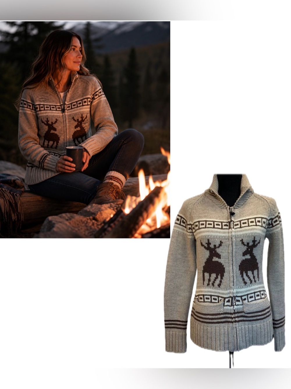 Triple Five Soul beige brown reindeer Zipup jacket wool sweater Sz S